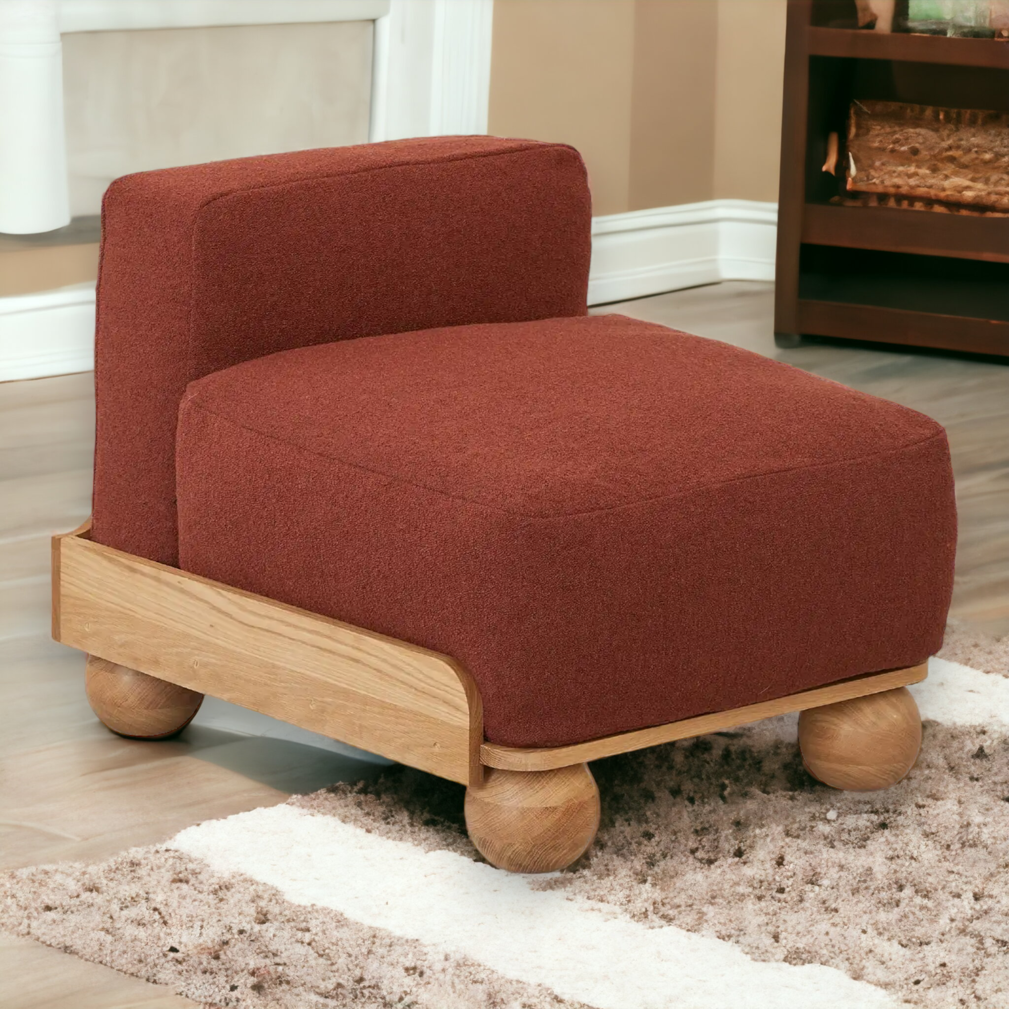 Batson Oak Wood & Velvet 1 Seater Sofa Red