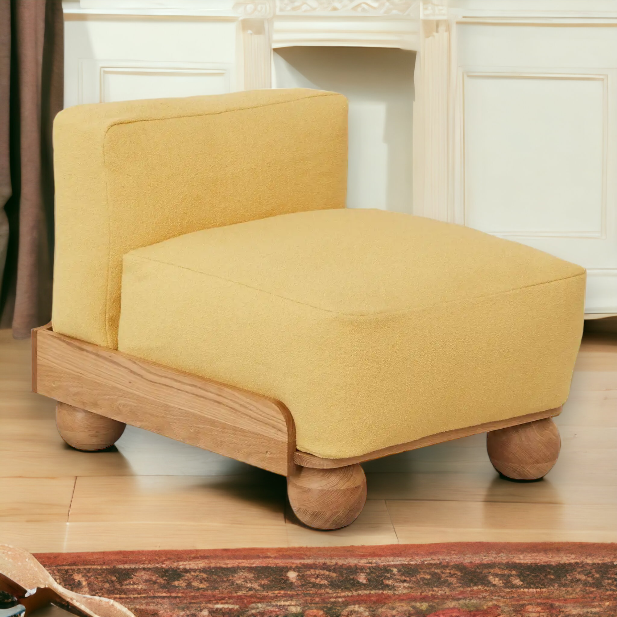 Batson Oak Wood & Velvet 1 Seater Sofa Yellow