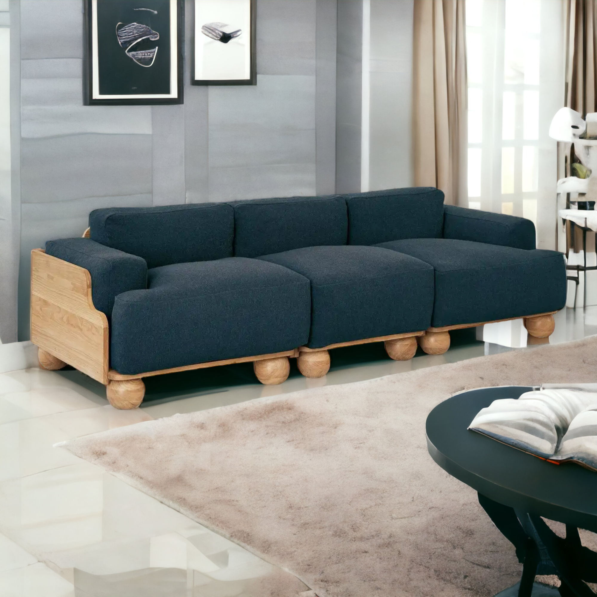 Nismaaya Batson Oak Wood 3 Seater Sofa Blue