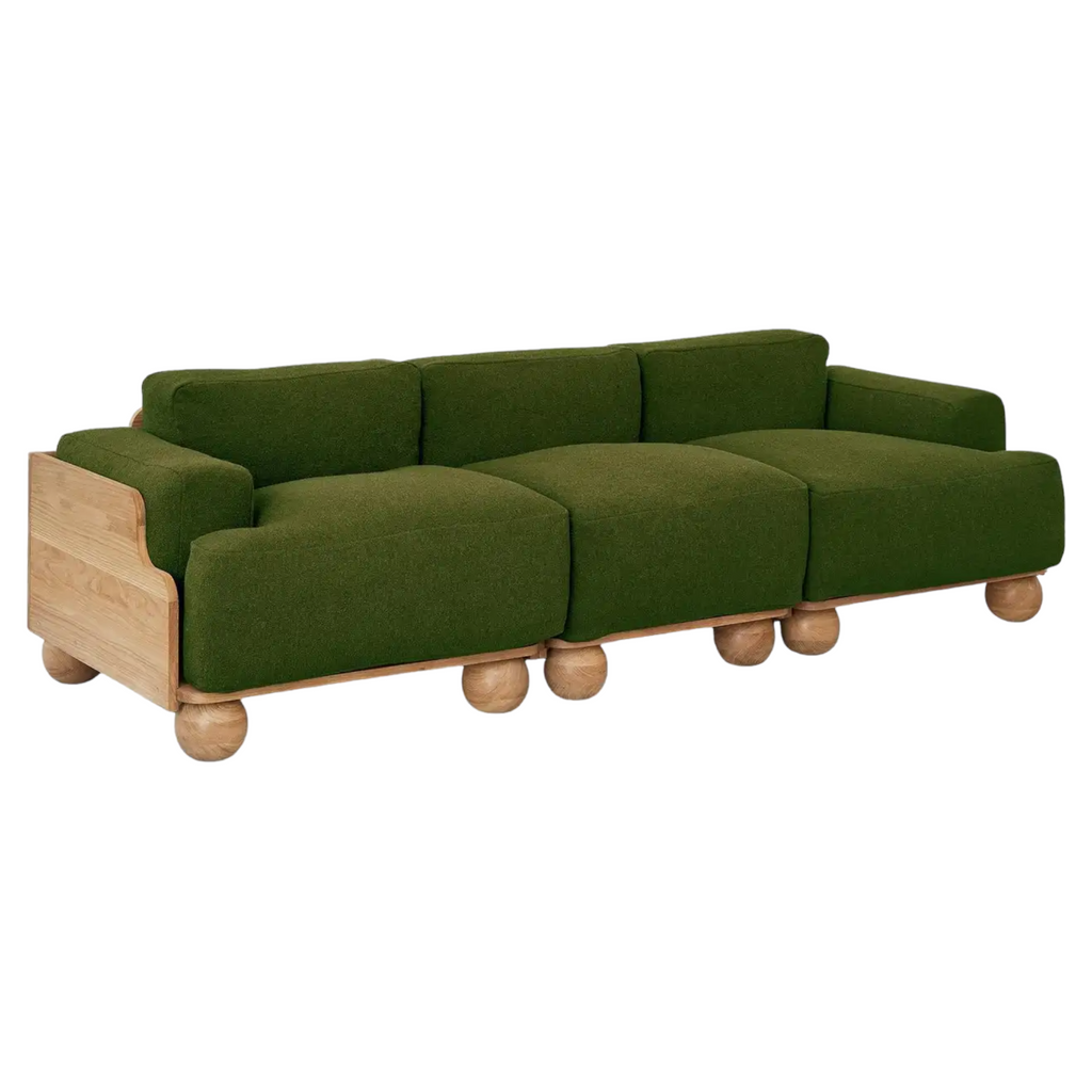 Batson Oak Wood & Velvet 3 Seater Sofa Dark Green