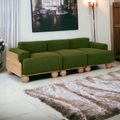 Batson Oak Wood & Velvet 3 Seater Sofa Dark Green