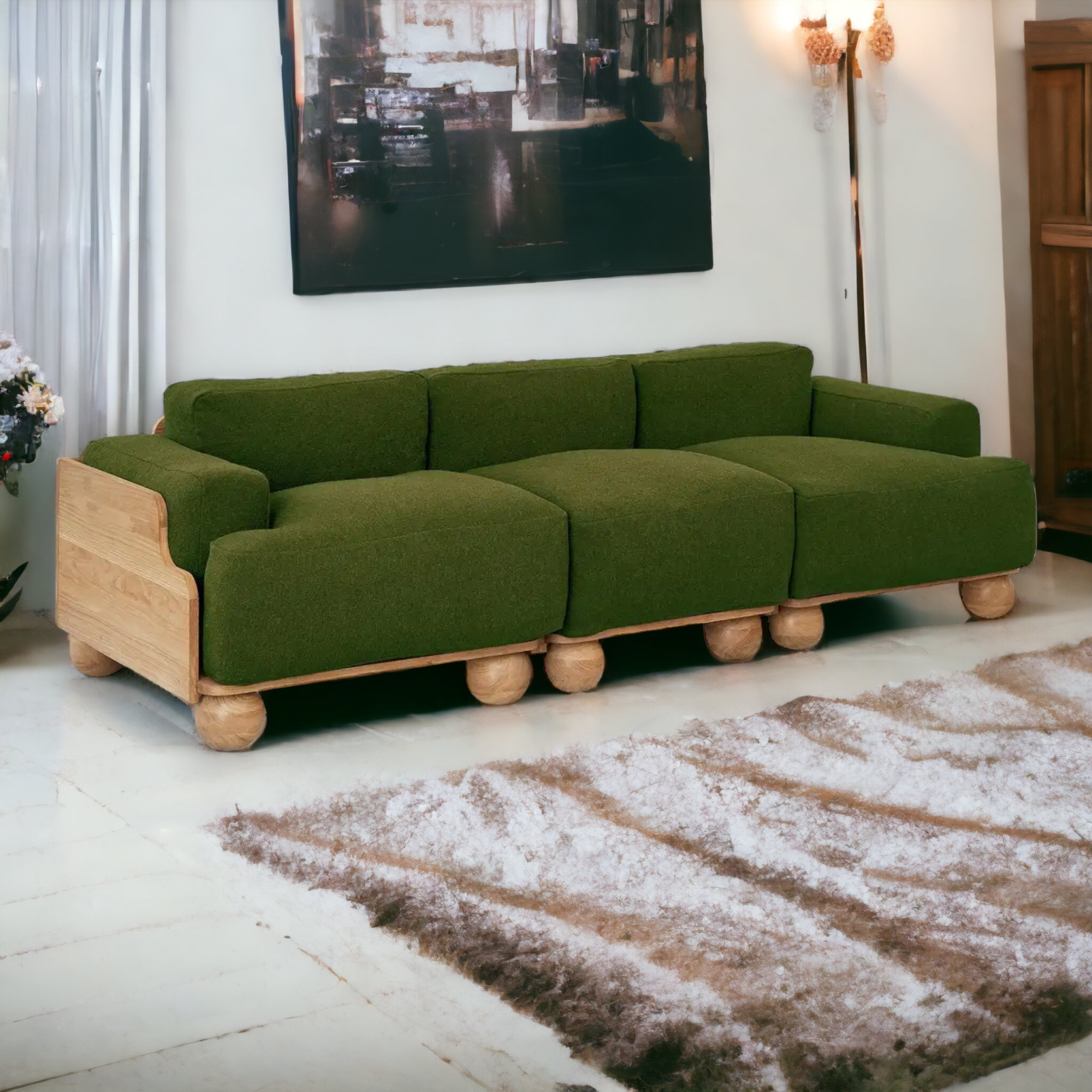 Batson Oak Wood & Velvet 3 Seater Sofa Dark Green