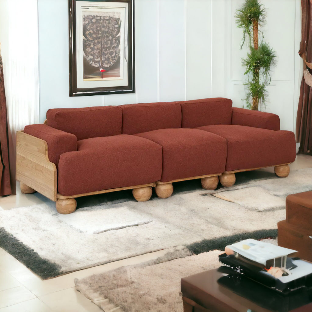 Nismaaya Batson Oak Wood 3 Seater Sofa Red