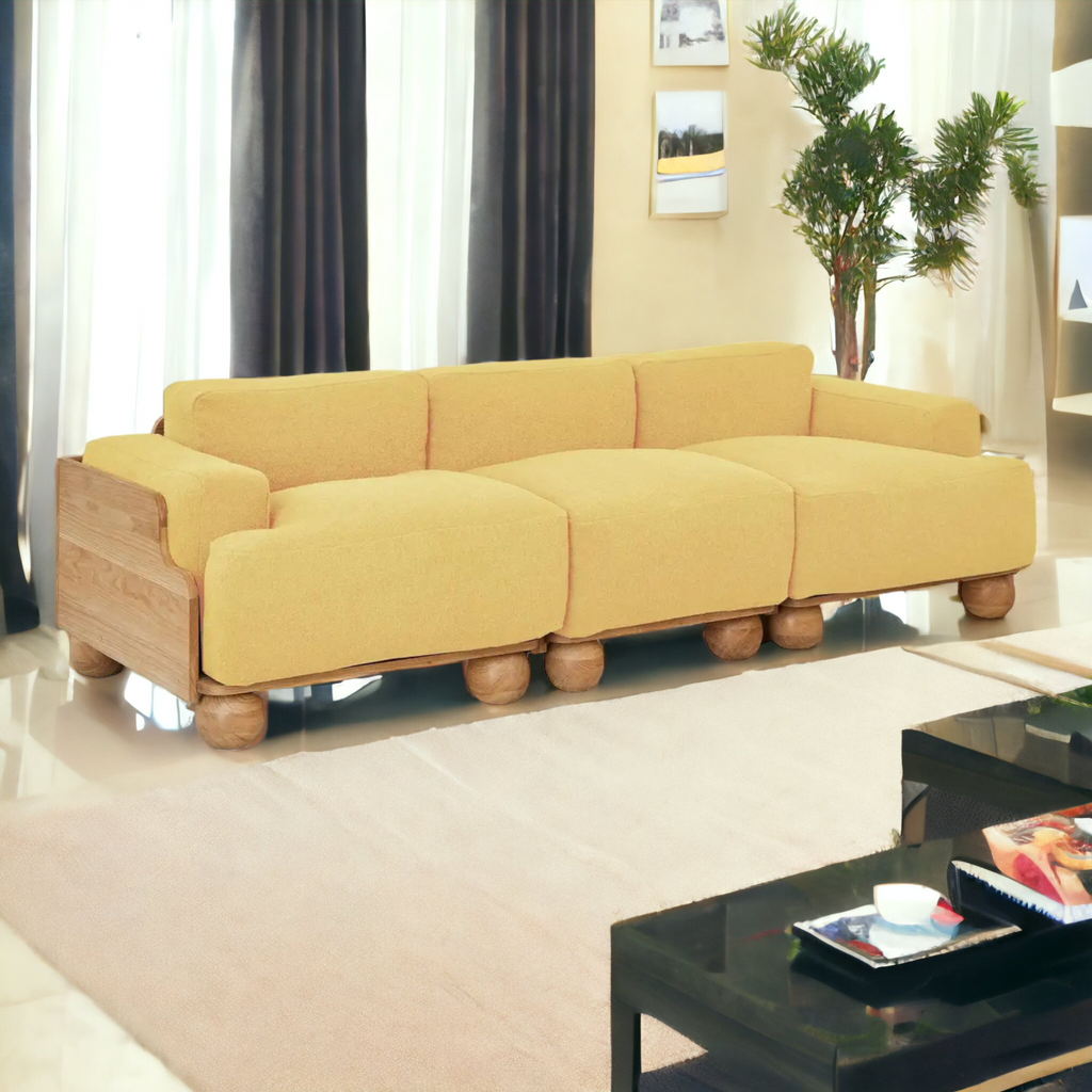 Nismaaya Batson Oak Wood 3 Seater Sofa Yellow