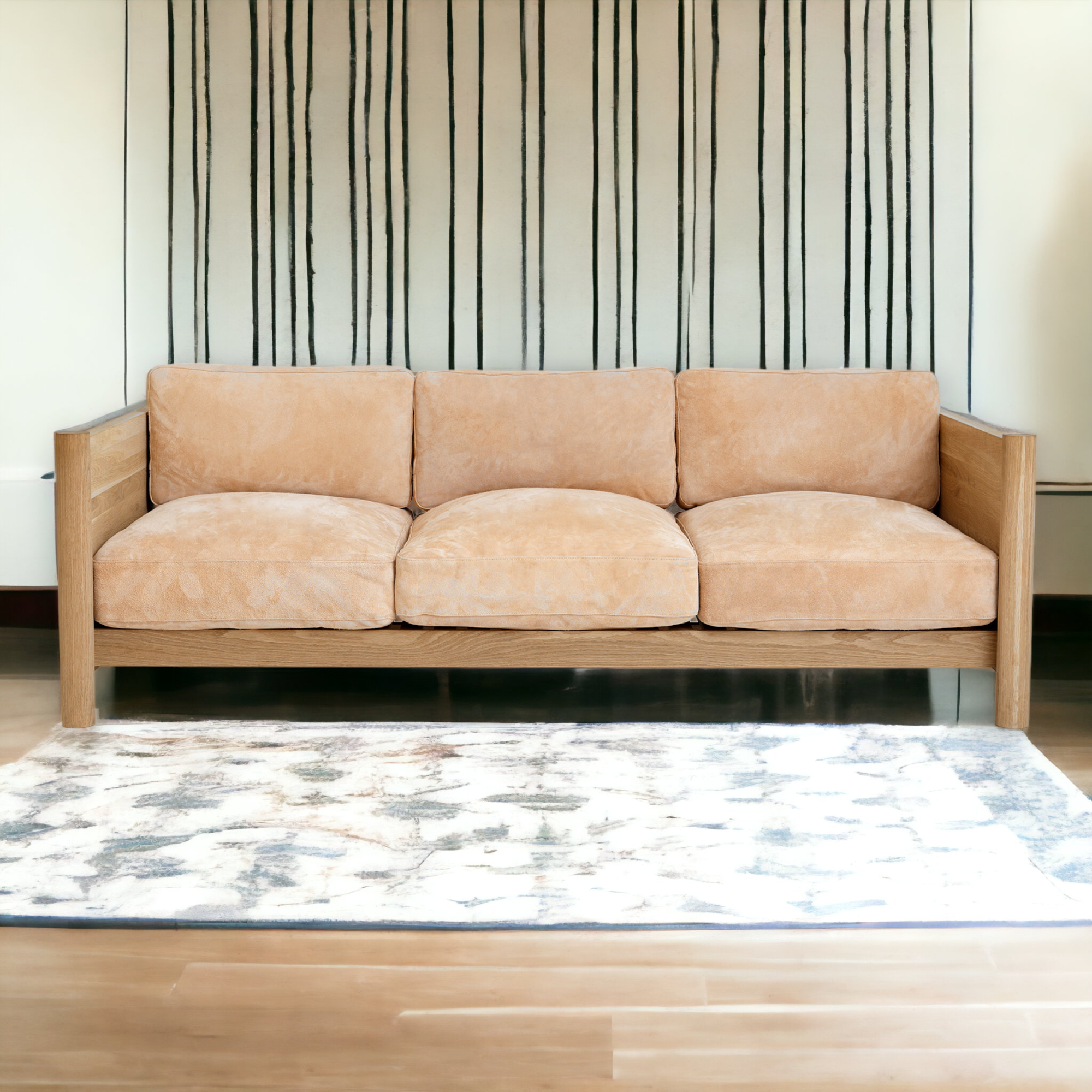 Fabian 3 Seater Oak Wood & Velvet Sofa