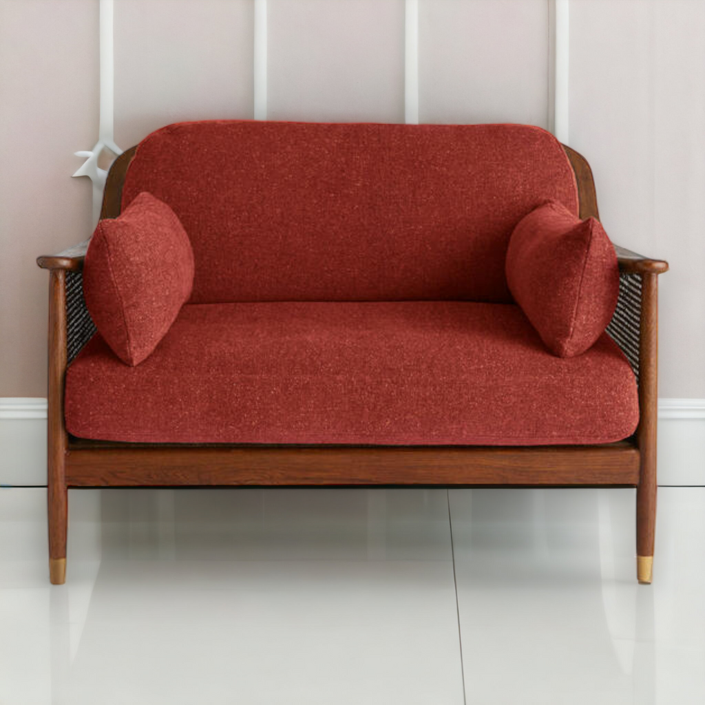 Marika 1 Seater Teak Wood & Rattan, Antique Brass Sofa