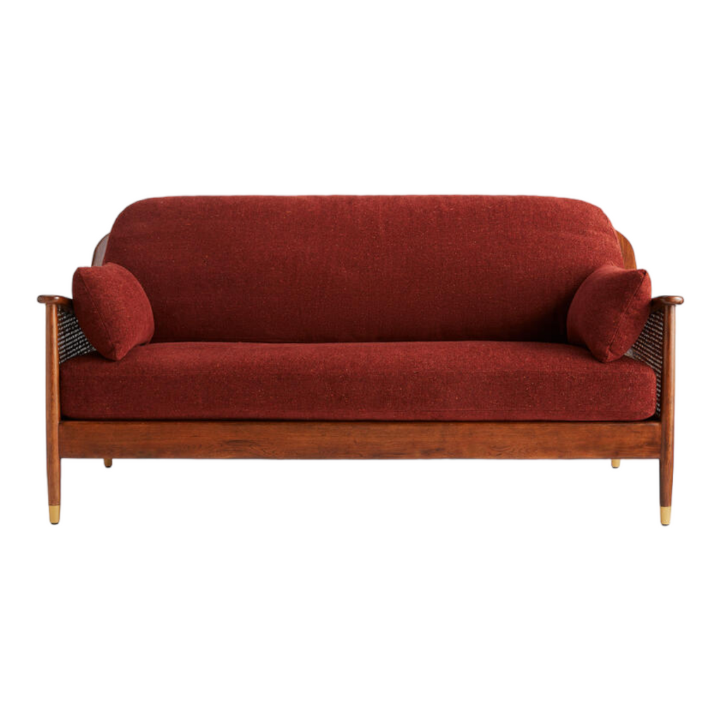 Marika 3 Seater Teak Wood & Rattan, Antique Brass Sofa