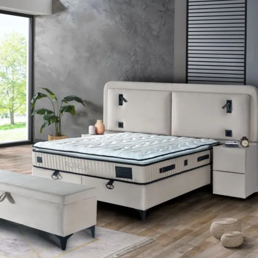 Lit Coffre Velours avec LED, Applique Murale et Prises USB